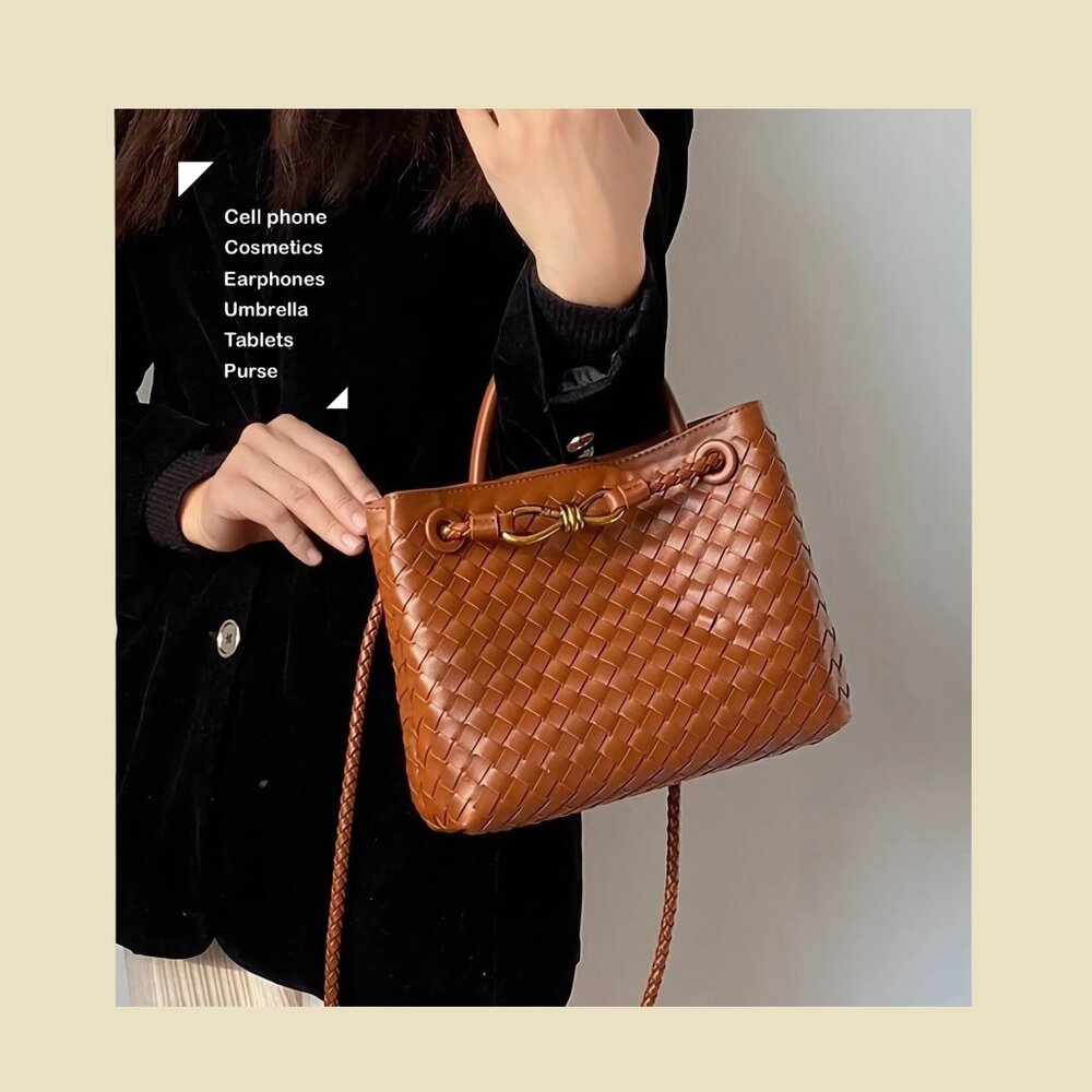 Designer Woven Leather Handbag - Golden metal knot Leather Handle Tote
